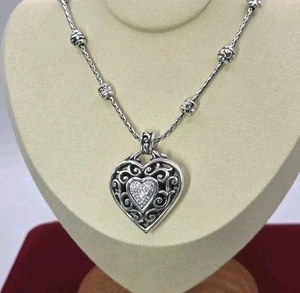 Brighton "Reno Heart" Necklace 18" Swarovski Crystal Silver Station Chain - Picture 1 of 9