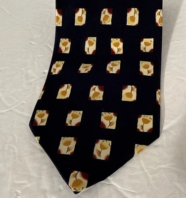 Corbata Dunhill Azul Marino Amarillo Naranja Abstracto Floral Cuadros 100% Seda Hecha a Mano Foto 1 de 4