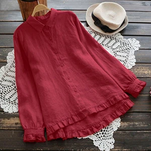 Women Cotton Linen T Shirt Button Blouse Ruffle Loose Tunic Tops Solid Lady Cosy - Picture 1 of 9