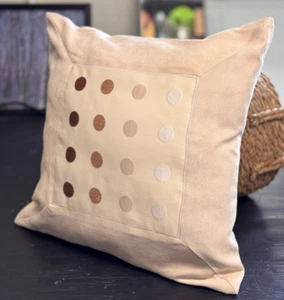 Neutral Beige Velvet 16in Cuhsion Cover Embroidered Spots Modern Hand Made - Picture 1 of 4