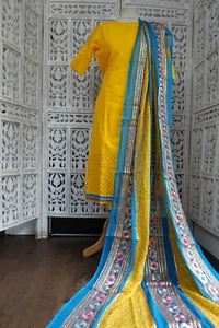 Yellow & Blue Vintage Silk Indian Bollywood Salwar Kameez UK 8/ EU 34 SKU19397 - Picture 1 of 19
