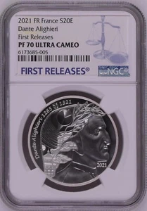 NGC PF70 FR France 2021 Dante Alighieri Silver Coin 20 Euro 1oz Coin COA - Picture 1 of 2