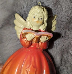 Vintage Ceramic Angel With Book Bell Ornament Wearing Crimson Gown - Picture 1 of 4