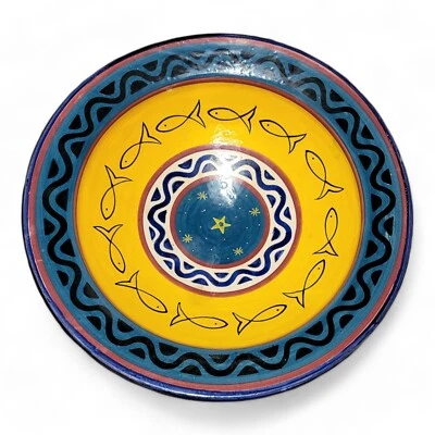Vintage Large Moroccan Hand Painted Fish and Star Pottery Wall Plate Bowl - Image 1 of 3