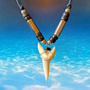 Mens Necklace Shark Tooth Replica Pendant Surf Silver Surfer Tribal Ocean Wave - Picture 1 of 6