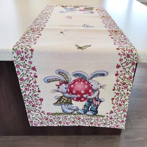 Tela de tapiz decorativo para corredor de mesa de Pascua naperón gemelos conejo en rosa beige - Imagen 1 de 4