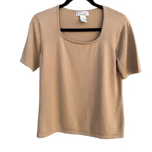 Sutton Studio Womens Camel Cotton Short Sleeve Scoop Neck Knit Blouse Top L - Picture 1 of 7