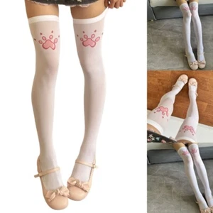 Womens Anime Cats Claw Print Silk Thigh High Stockings Cosplay Sweet Long Socks - Picture 1 of 9