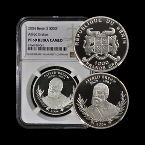 BENIN. 2004, 1000 Francs, Silver - NGC PF69 - Alfred Brehm, Black Panthers, RARE - Picture 1 of 5