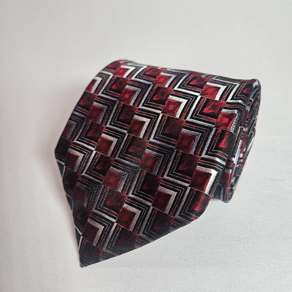 Van Heusen 100% 真丝手工制作领带几何红色棕色 3.75 x 59 — 第 1/4 张图片