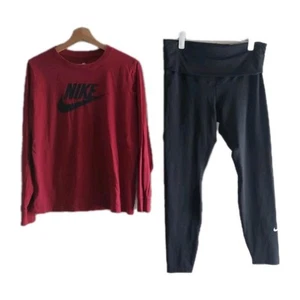 Nike Women's Running Set Longsleeve Shirt L Red Dri-Fit Leggings XL Yoga - Picture 1 of 9