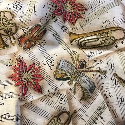 Christmas Music  Cotton Fabric Instruments Poinsettia 15" Quilt Craft Gold Red - Image 1 of 4