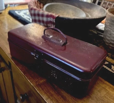 Vintage Red Metal Small Tool Box Original Paint Great Patina - Image 1 of 4
