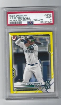 Julio Rodriguez 2021 Bowman Paper Prospects Yellow Card # BP86, PSA Mint 9 - Image 1 of 2