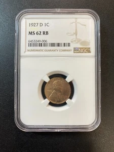 1927 D WHEAT CENT NGC MS-62 RB - UNCIRCULATED - RB PENNY - CERTIFIED SLAB - 1C - Picture 1 of 2