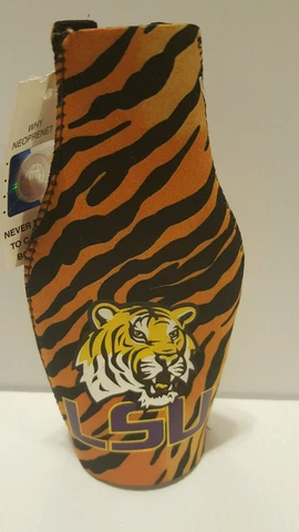 LSU TIGERS (Stripes) NEOPRENE BOTTLE ZIPPER BEER COOLER KOOZIE INSULATION Cover