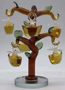Pier One Amber Glass Tree Miniature Gold Apples Green Leaves Mirrored Base - Picture 1 of 11
