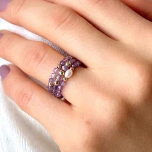 Purple Amethyst & Pearl Faceted Round Beads Stretchable 3 Rings Set Woman Girls - Picture 1 of 8