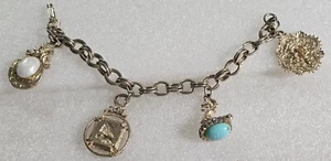 Vintage Victorian Revival Blue & Faux Pearl Chunky Charms Bracelet - Picture 1 of 8