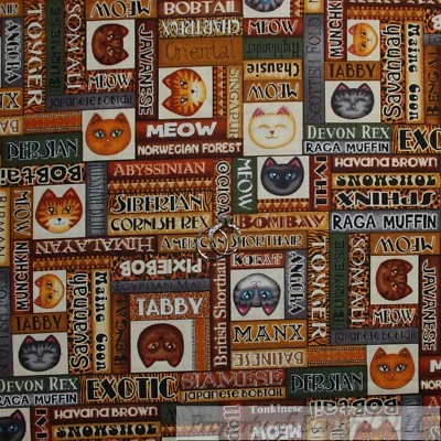 BonEful Fabric FQ Cotton Quilt Brown Patchwork Block MEOW Girl Kitty Cat Holiday - Image 1 of 4