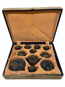Antique Japanese Satsuma Boxed Tea Set matt black gilt 20 pieces unused - Picture 1 of 6