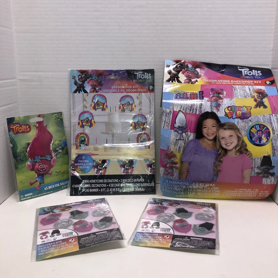 Juego de decoración de fiesta Trolls World Tour telón de fondo, centros de mesa, lote de globos nuevo con etiquetas Foto 1 de 4