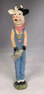 Skinny Tall Resin Cow Wearing Overalls With Pink Handkerchief Figurine 7 1/2” - Picture 1 of 6
