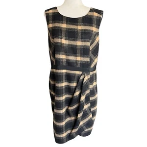 HOBBS Dress Size 12 Wool RIch Mock Wrap Fully Lined Black Brown Plaid Check - Picture 1 of 12