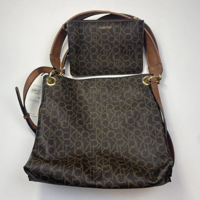 Calvin Klein Signature Black Brown Gold Tote Crossbody Bag Purse - Image 1 of 4