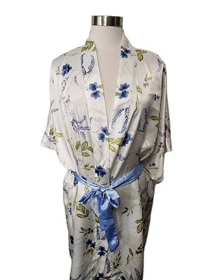 Morgan Taylor Intimates Mujer M/L Floral Blanco Azul Satinado Bata Kimomo Corbata Cinturón   Foto 1 de 4