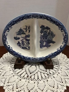 Churchill Blue Willow 10" Geteilt Oval Gemüse Servierschale Schüssel Japan - Bild 1 von 5