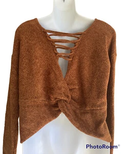 Society 212 Neu mit Etikett Chenille-Pullover Knoten gedrehter Rücken rustikal Karmel Größe Large Junior - Bild 1 von 3