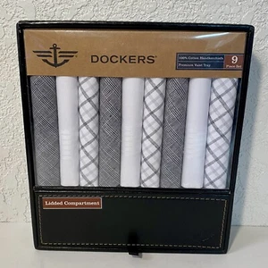 Dockers Handkerchiefs 100% Cotton 9 Piece Set Black/White/Grey Plaid Valet Tray - Picture 1 of 6