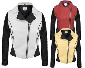 Ladies Women Pvc Pu Faux Leather Two Tone Bomber Biker Collar Jacket Side Zip - Picture 1 of 6