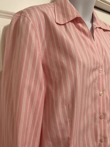 Lands' End Pink White No Iron Stripe 3/4 Sleeve Oxford Button Down Shirt 14 EUC - Picture 1 of 11