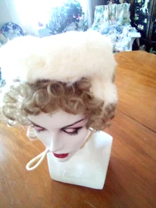 Vintage White Rabbit Fur Hat with Ear Muffs & Neck Tie - Picture 1 of 8