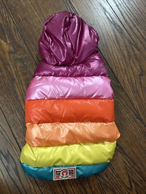 Fabdog Multicolor Stripe Dog Puffer Hoodie Coat XSmall Pride Rainbow - Image 1 of 4