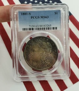 COLOR! 1881 S PCGS MS63 Morgan Dollar Silver Coin $1 One Liberty Round Bullion - Picture 1 of 8