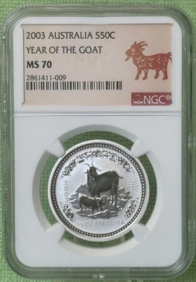 2003 ** 50c ** Australia Lunar ** Year of The Goat ** 1/2 Oz. ** NGC MS70 ** - Image 1 of 2