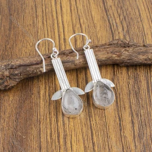 925 Sterling Silver Pear Black Rutile Gemstone Wife Birthday Artisan Earrings - Picture 1 of 5