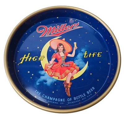Vintage Miller High Life Beer Serving Tray Girl On The Moon 13” F-303  - Image 1 of 4