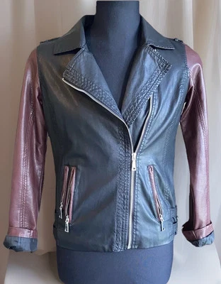 Chaqueta de cuero sintético con hebilla negra estilo moto 2 tonos para mujer talla M” Foto 1 de 4