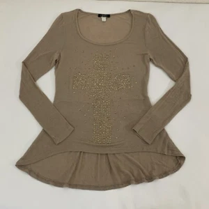 Y2K Deb Cross Shirt Women S Glitter Sparkle Long Sleeve Embellished Grunge Punk - Picture 1 of 8