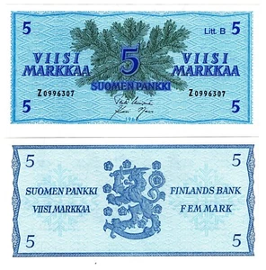 1963 Finland 5 Markkaa Banknote Litt B UNC P99a sign Usivirta - Picture 1 of 1