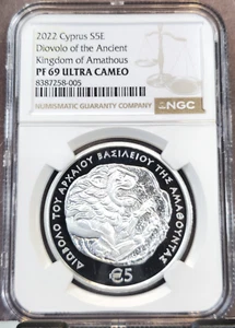 2022 CYPRUS SILVER 5 EURO DIOVOLO KINGDOM OF AMATHOUS NGC PF 69 ULTRA CAMEO RARE - Picture 1 of 3