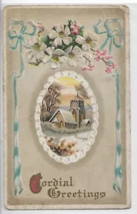 Vtg Postcard -Cordial Greetings - Oval w/Scene In It, White Flowers, Blue Ribbon - Picture 1 of 2