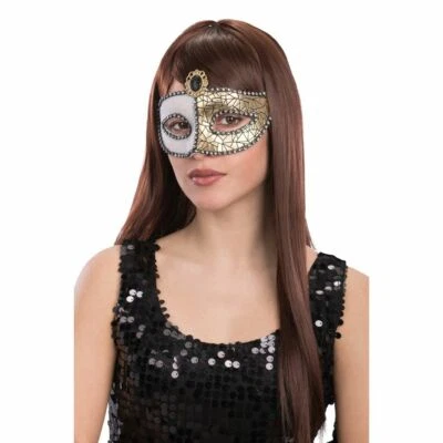 01393-4 MASCHERA BIANCA/ORO IN PLASTICA C/GEMMA NERA CARNEVALE HALLOWEEN - Immagine 1 di 2
