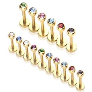 New Quality Gold Plated Labret Tragus Bar Stud with Coloured Gem 1.6mm 1.2mm 