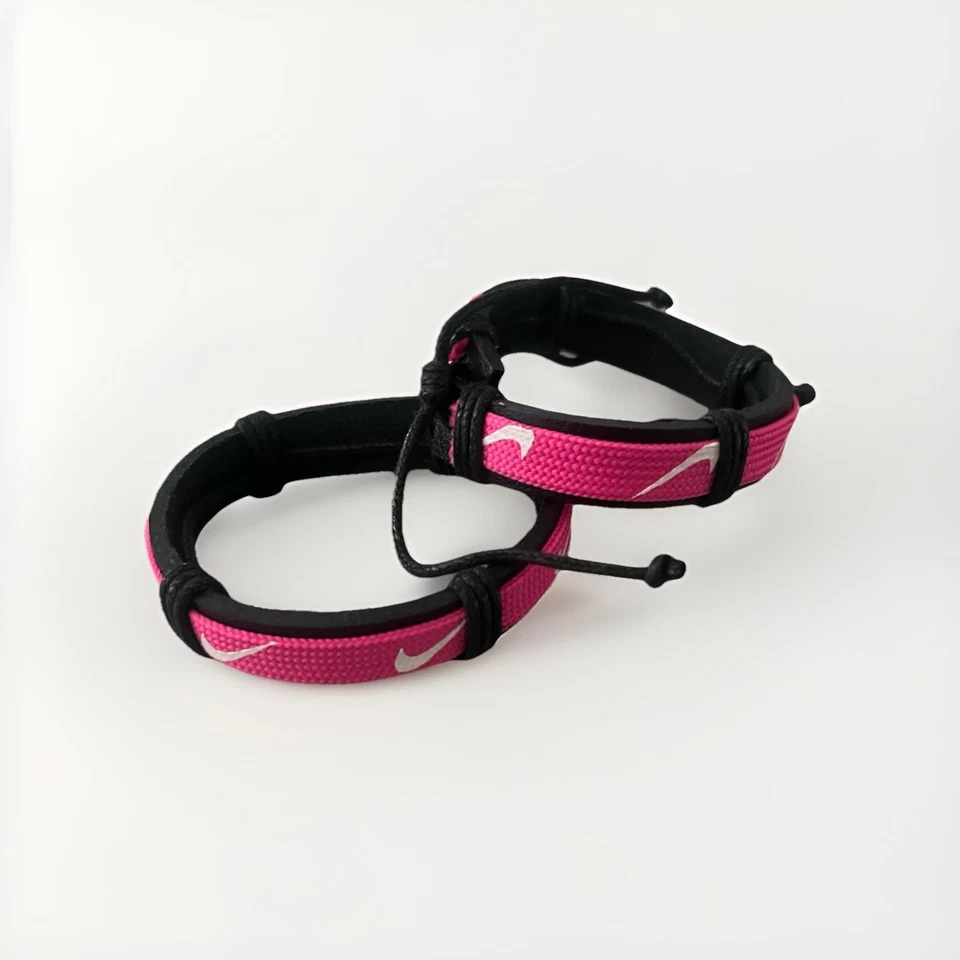 Nike Unisex Sports Leather Cord Tribal Bracelet Wristband Pink With White 2 Pcs - Image 1 of 1