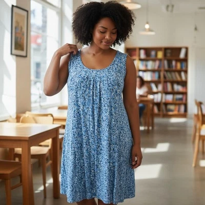 CAROLINE MORGAN Blue Floral Print Shift Pocket Dress Size 16 - image 1 of 4